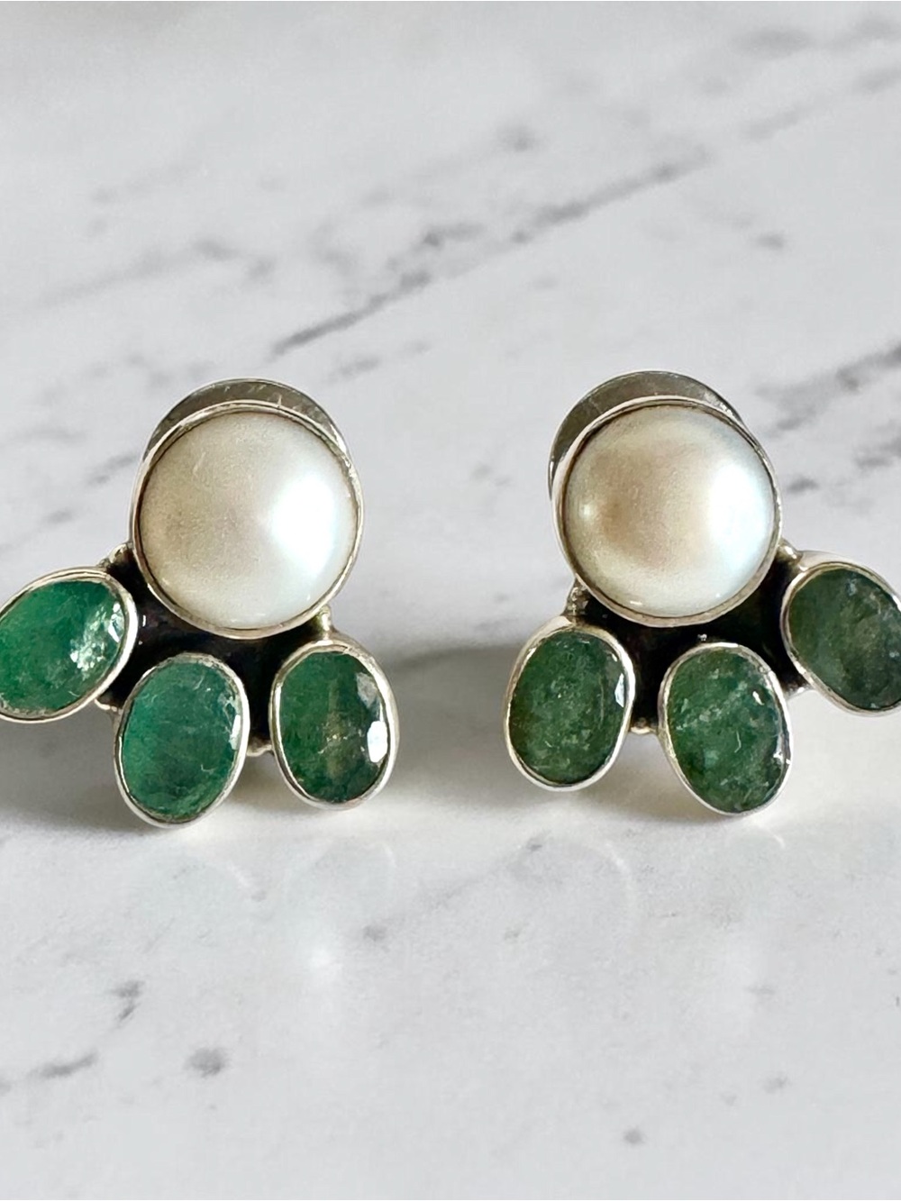Sterling Pearl and Emerald Cluster Stud Earrings